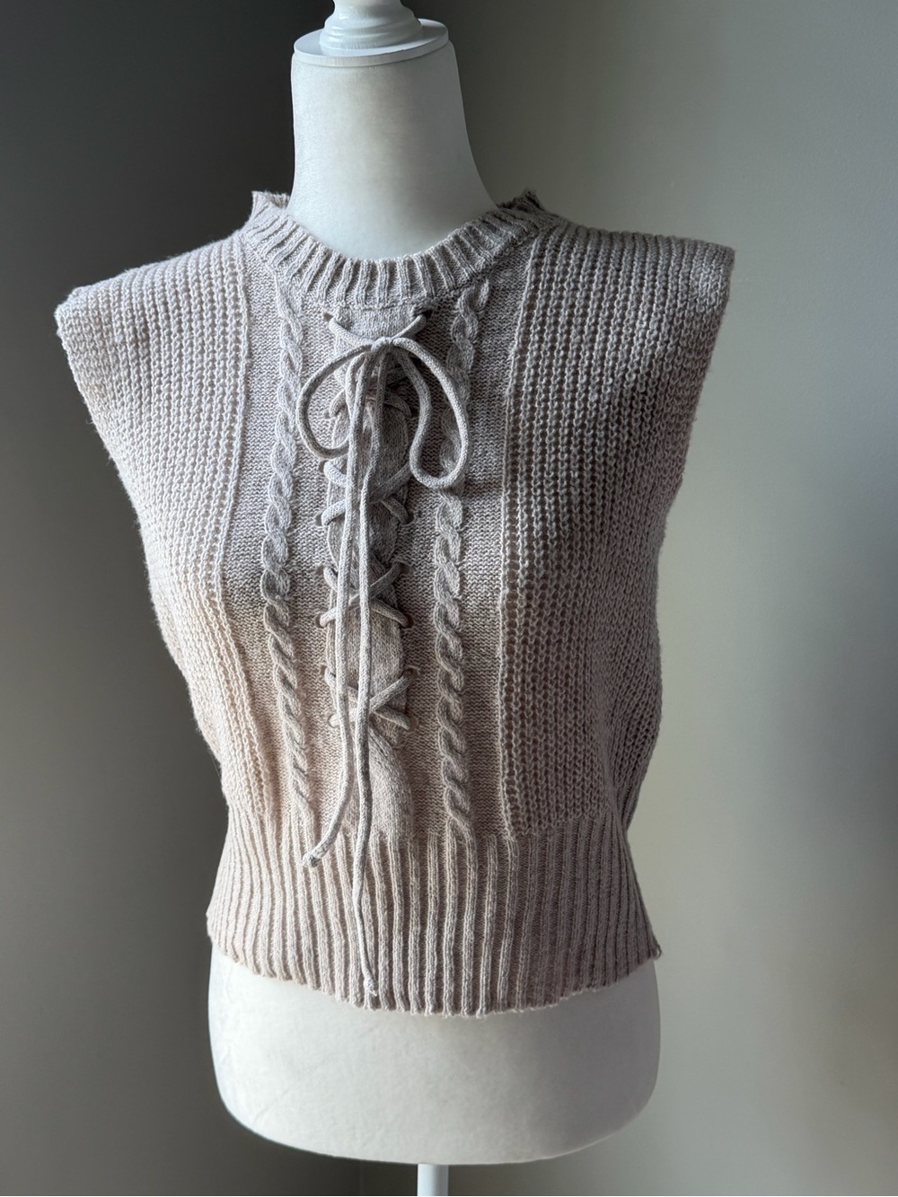 Knit Lace-Up Sleeveless Sweater Vest in Light Beige